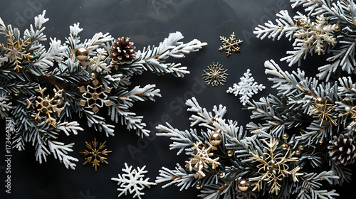 Golden Snowflakes, Frosted Pines, and Glowing Decorations Welcoming a Merry Christmas and a Joyful New Year. Happy new year