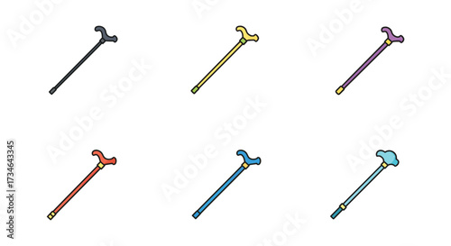 Colorful collection of whimsical walking sticks displayed in a simple arrangement