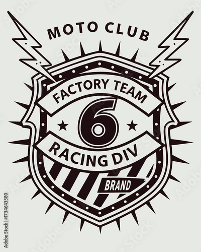 Black and white shield emblem with number 6 moto club factory team racing division brand crest logo vector