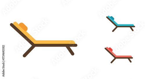Three colorful lounge chairs display minimalist design and summer relaxation vibes