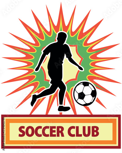 Black silhouette soccer player kicking ball explosive green red yellow background soccer club text football
