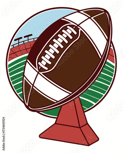 Brown American football on red tee with stadium and field illustration sport game