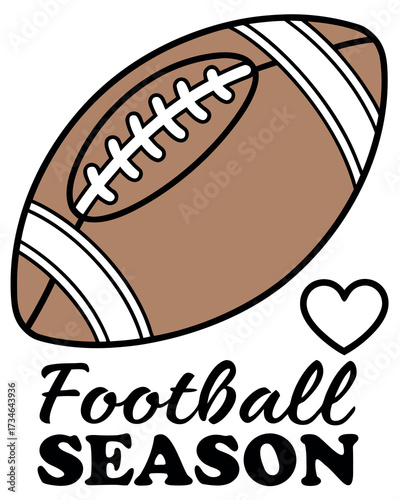 Brown American football with white stripes black laces next to outline heart and text Football Season