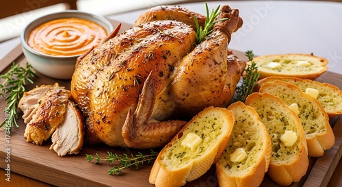 Delicious roasted chicken dinner served with garlic bread and flavorful sauce