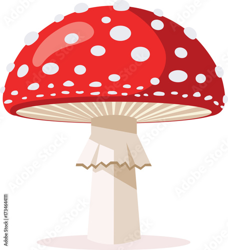 A cartoon illustration of a bright red and white spotted fly agaric mushroom with a white stem and gills.