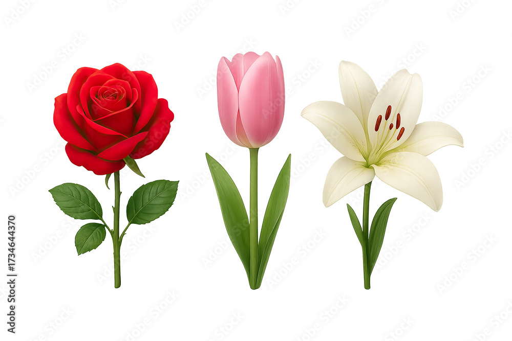 Obraz premium Colorful floral illustration featuring rose, tulip, and lily flowers on transparent background