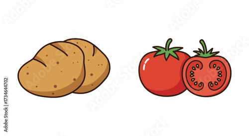 A simple illustration depicting a potato and a sliced tomato side by side