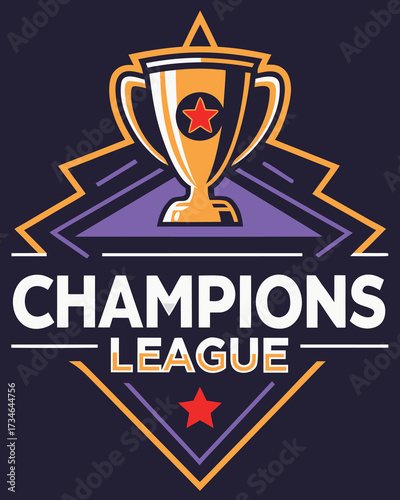 Golden trophy with red star and champions league text on purple background award winner vector