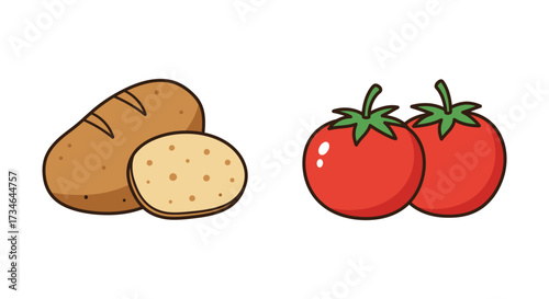 A simple illustration featuring a potato and two ripe red tomatoes