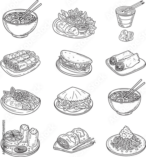 Asian Delights: Hand-Drawn Traditional Vietnam Food Dishes