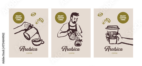 Hand drawn vintage coffee shop poster set with barista, paper cup, preparation drink and beans. Cafe menu, packaging design. Whimsical sketch vector illustration.