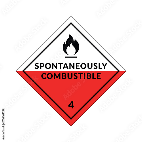 Hazardous Material Spontaneously Combustible Class 4.2 Vector Label in Flat Design Style on White Background. Safety Sign with Fire Flammable Solid Symbol.
