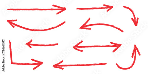 Hand drawn crayon movement arrow collection. Grunge squiggly red arrow set. Pencil chalk lines sketch. Color brush scribble element set. Doodle vector illustration.