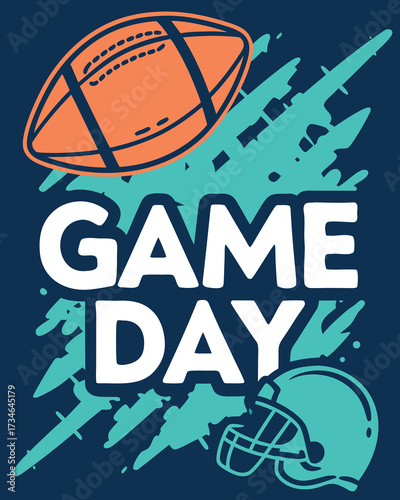 Orange American football and teal helmet with white game day text on dark blue background sports