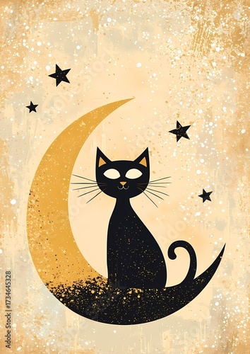 A cute black cat sitting on the moon with stars in the sky, A vintage art for Halloween