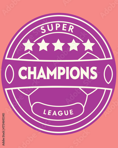 Purple and white super champions league emblem with stars and soccer ball design on pink background football