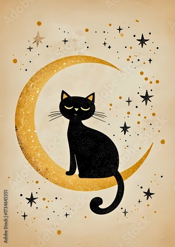 A charming illustration of a black cat perched gracefully on a crescent moon amidst a starlit night, with stars scattered around