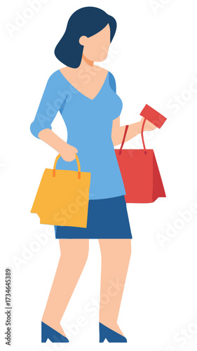 Vector illustration of a stylish woman holding colorful shopping bags and a credit card, symbolizing consumerism and retail therapy in a modern lifestyle
