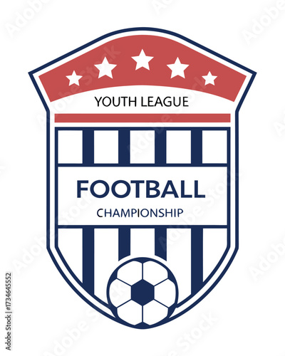 Red white blue shield logo for youth league football championship with stars and soccer ball vector