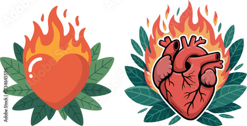 Two hearts are depicted on a background of green leaves, with one showing a stylized heart shape and the other a realistic anatomical heart, both engulfed in flames. 