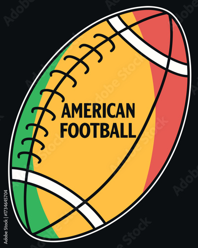 Stylized American football with yellow red green panels and black laces on black background sport game
