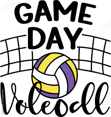 Stylized yellow purple volleyball game day text graphic with net illustration