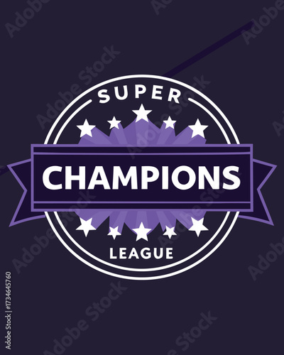 Super Champions League emblem with purple stars and ribbon award badge on dark background vector