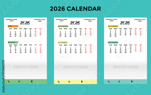 Vector art of 2026 calendar with three months layout and colorful design elements