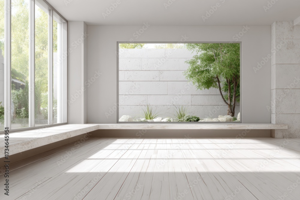 Fototapeta premium A bright, minimalist interior space showcases a tranquil outdoor garden through a large window wall.