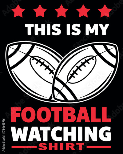 Two white footballs with black laces and seams overlap on black background with red stars and text american football