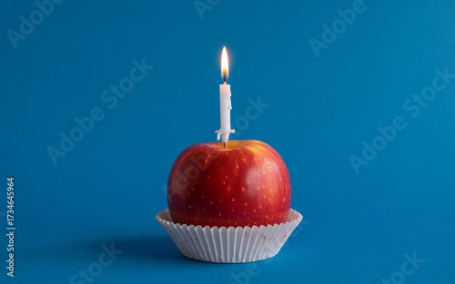 Red apple birthday celebration with lit candle in a cupcake wrapper isolated