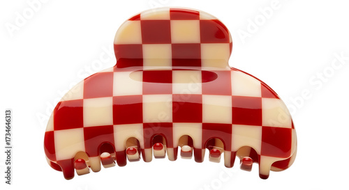 Illustration of red and white checkered claw hair clip, isolated on transparent background