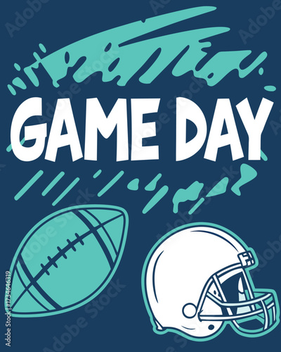 White American football helmet and ball with game day text on dark blue background vector