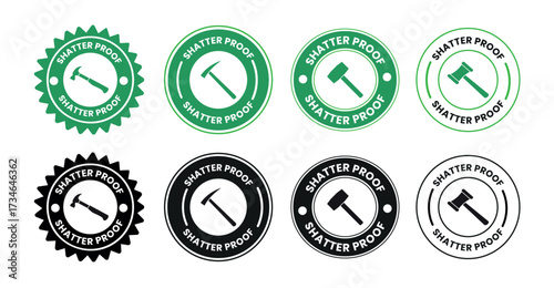 Shatter proof label set. Shatter proof logo, badge, icon, sticker, vector, hammer symbol, durable glass label, strong material packaging design, shatter proof safety sign for product branding.