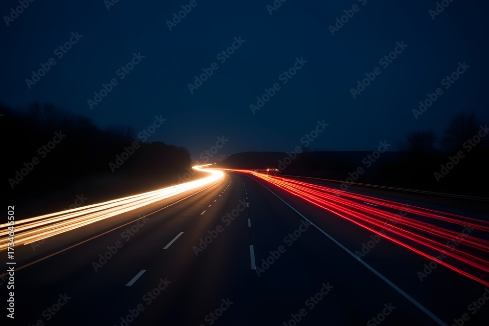 Obraz premium A glowing highway at night with streaking car lights.