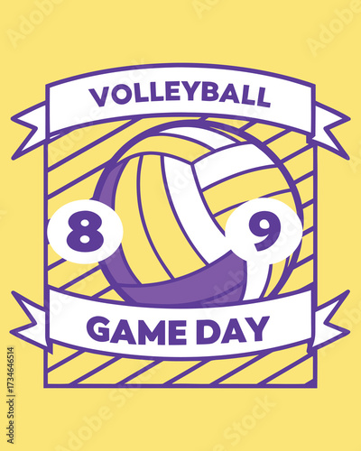 Yellow background volleyball game day graphic with score 8 9 and purple accents vector
