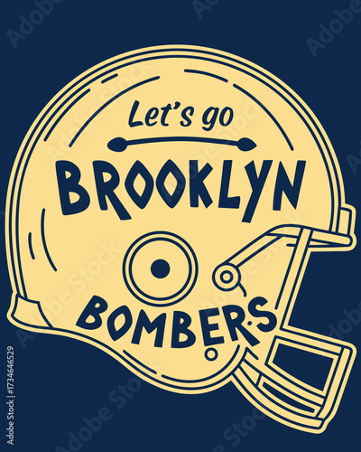 Yellow football helmet graphic with dark blue text Let's go Brooklyn Bombers sports team