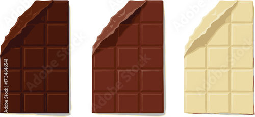 Chocolate bar vector illustration set with dark chocolate, milk chocolate, and white chocolate pieces, sweet dessert snack food design