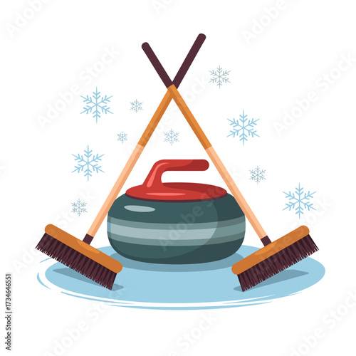 Curling equipment with broom and stone on ice background  