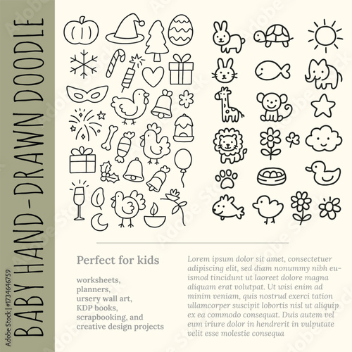  Baby Hand-Drawn Doodle Mega Pack – Cute Holiday, Animal & Nature Elements | Kids Clipart
