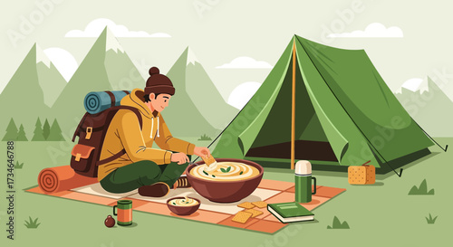 A backpacker enjoying a peaceful picnic near a tent in a beautiful mountain landscape illustration