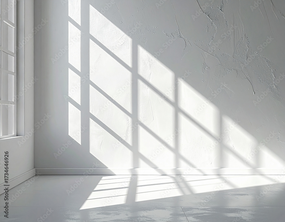 Obraz premium Modelo de quarto branco, com paredes pouco perfeitas, sombra da janela projetada na parede. Quarto vazio. 