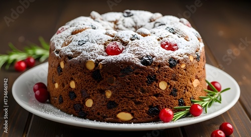 Traditional Christmas fruit cake with powdered sugar