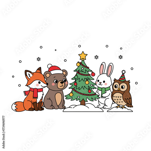 Charming cartoon forest friends enjoy the magic of a natal Christmas eve with a decorated fir