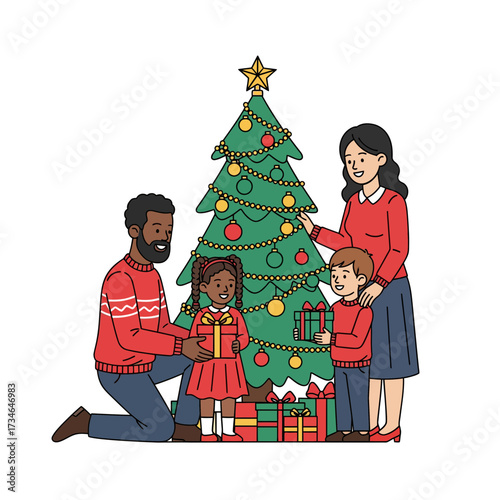 A happy multicultural family with two children celebrating the natal holiday with gifts