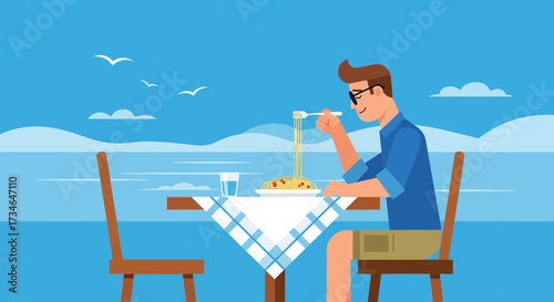 A delightful coastal dining experience showcasing a man enjoying pasta near the sea in vector