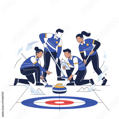 Team of four people playing curling on ice rink with stone  