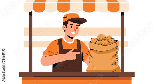 A friendly farmer selling fresh potatoes at his vegetable market stall illustration