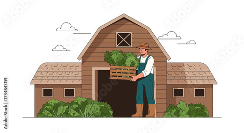 A farmer carries fresh produce from the barn symbolizing sustainable agriculture and rural life