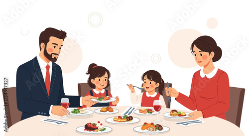 A happy family of four enjoys a delicious and elegantly prepared meal together creating a warm and